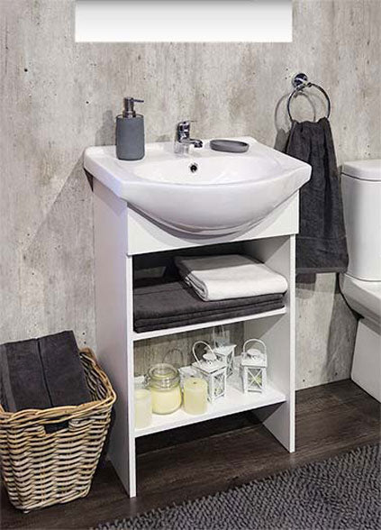 Denver Bathroom Furniture | Aperto Open Shelf Bathroom Vanity Cabinet | White finish | Floor Standing.