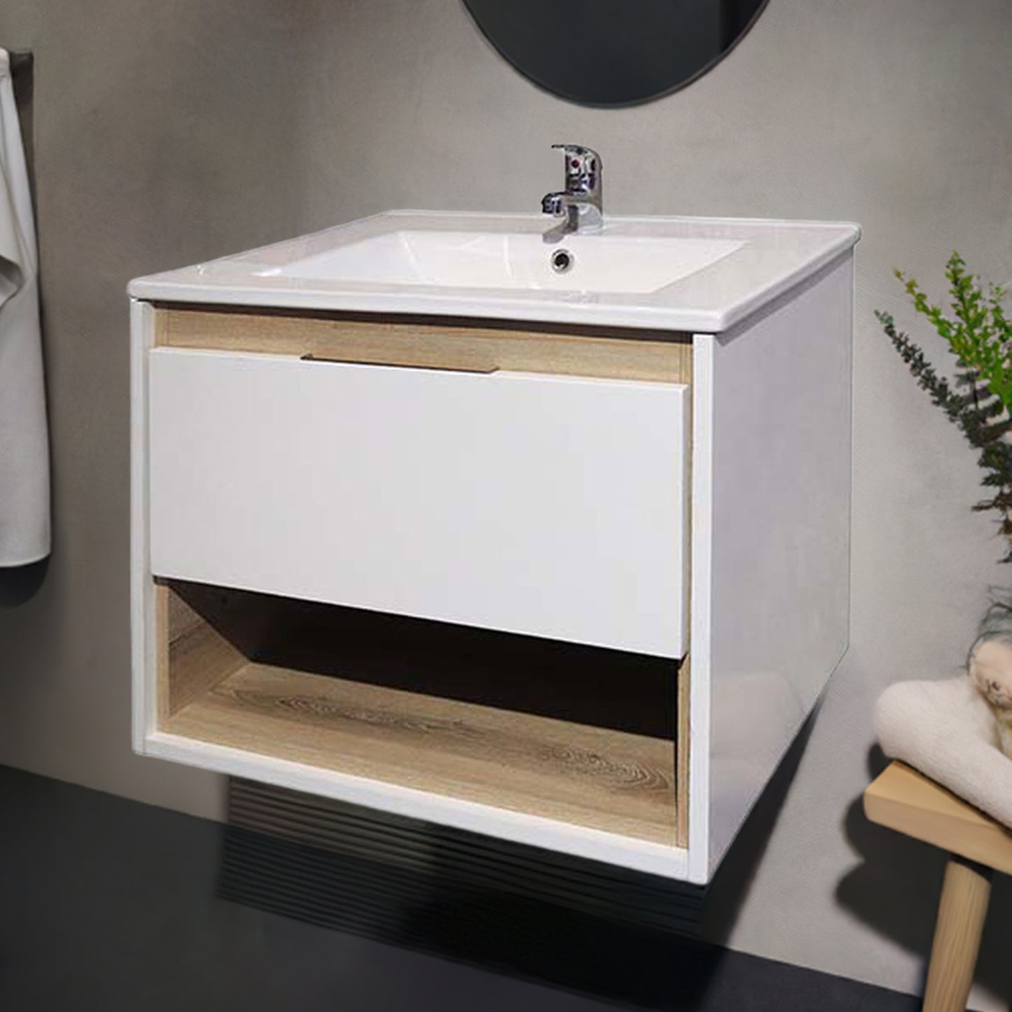 Celeste Floating Bathroom Vanity 600 | Two Tone Finish with High Gloss White Cabinet