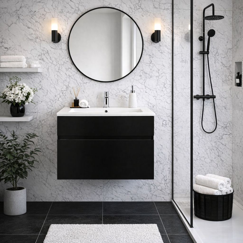 Stylo Floating Vanity Cabinet with White Ceramic Basin | All Black