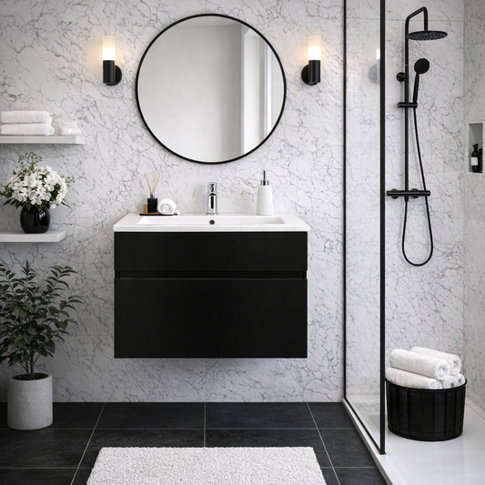 Stylo Floating Vanity Cabinet with White Ceramic Basin | All Black