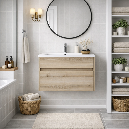 Stylo 600 Floating Bathroom Vanity Cabinet with White Ceramic Basin | Washed Shale