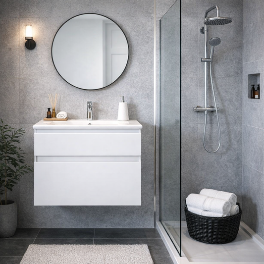 Stylo Floating Bathroom Vanity Cabinet with white ceramic basin | White