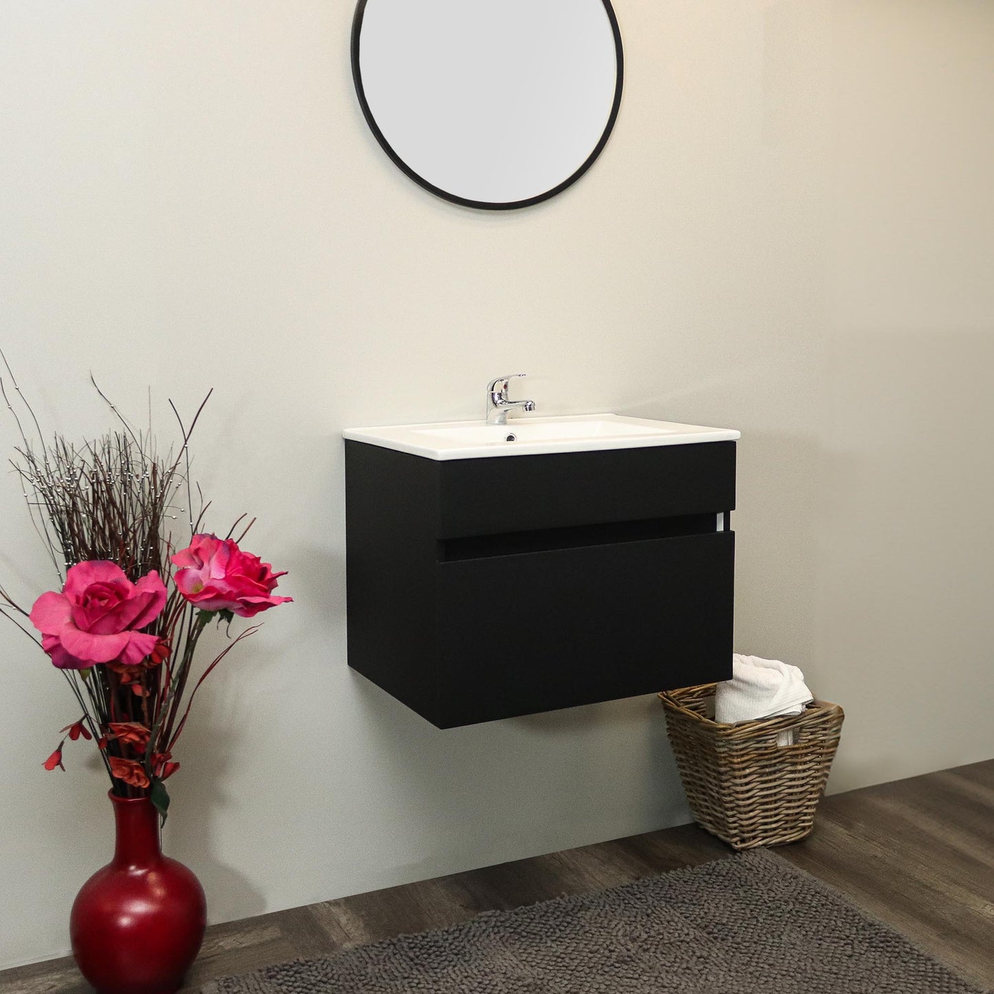 Denver Marlene Built-in Handle Wall Mount Vanity 600 1 Drawer | Matt Black Assembled