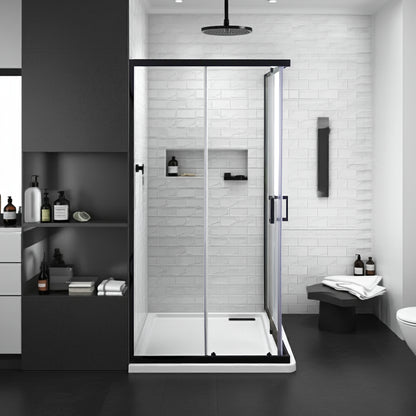 Double Slider Corner Entry Shower Enclosure |  98.5W x 195H Clear Glass and Matt Black Frame