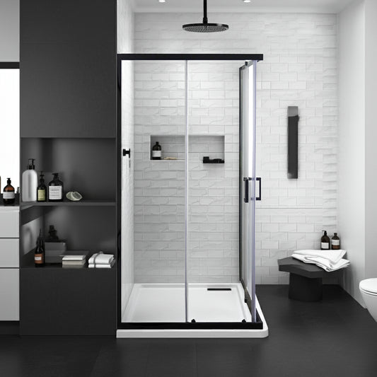 Double Slider Corner Entry Shower Enclosure |  98.5W x 195H Clear Glass and Matt Black Frame