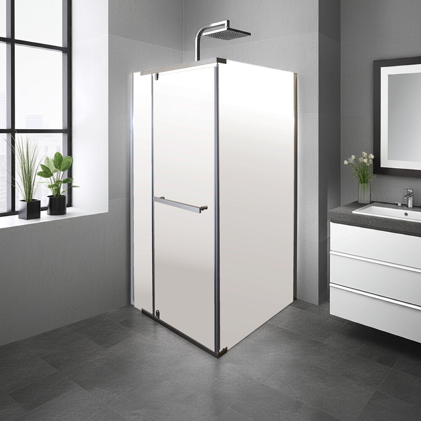 Pivot & Panel Shower Enclosure - 185H x 100W Polished Silver and Clear Glass