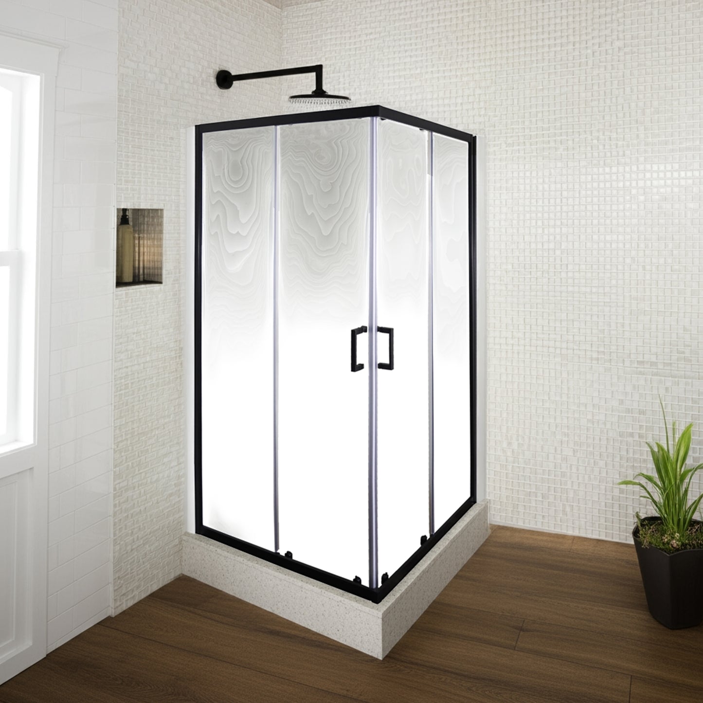 Double Slider Corner Entry Shower Enclosure |  98.5W x 195H Clear Glass and Matt Black Frame