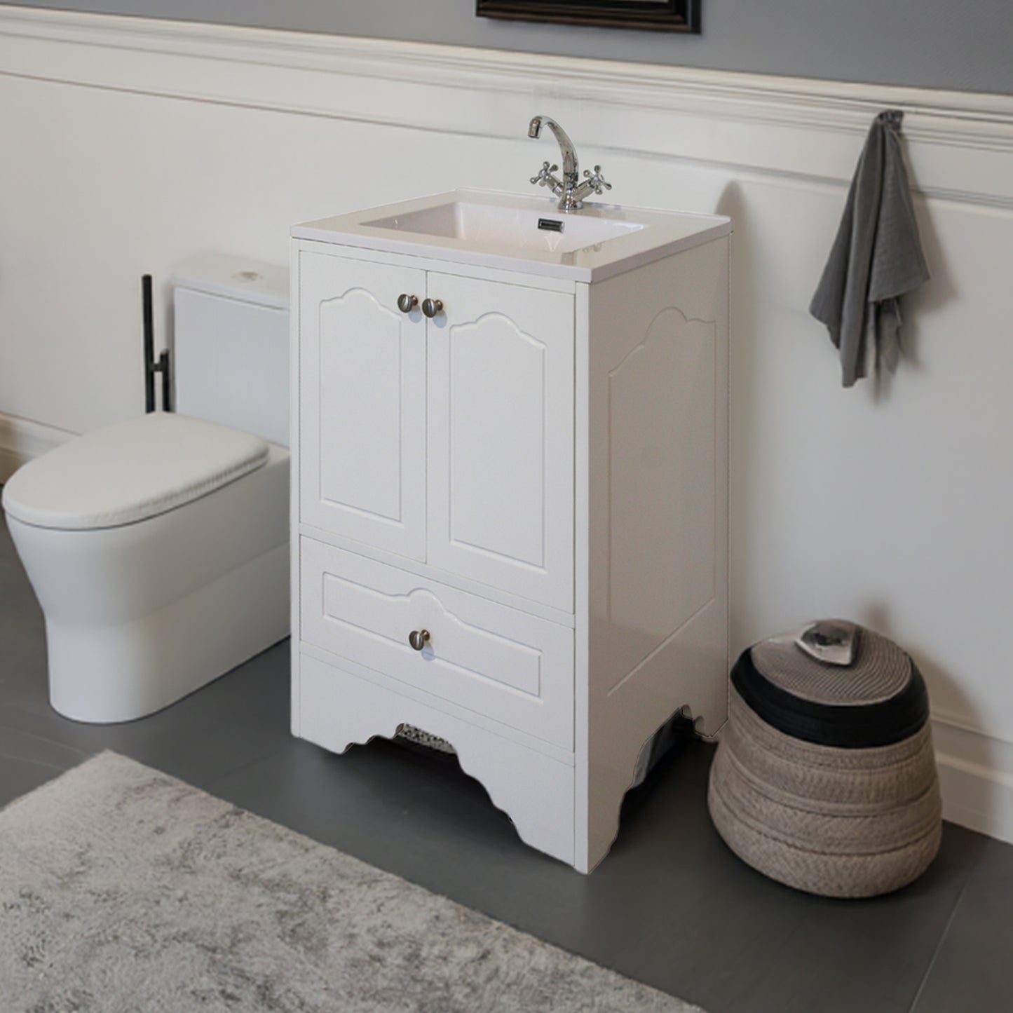 Victorian Bathroom Vanity Cabinet | Ceramic Basin | White