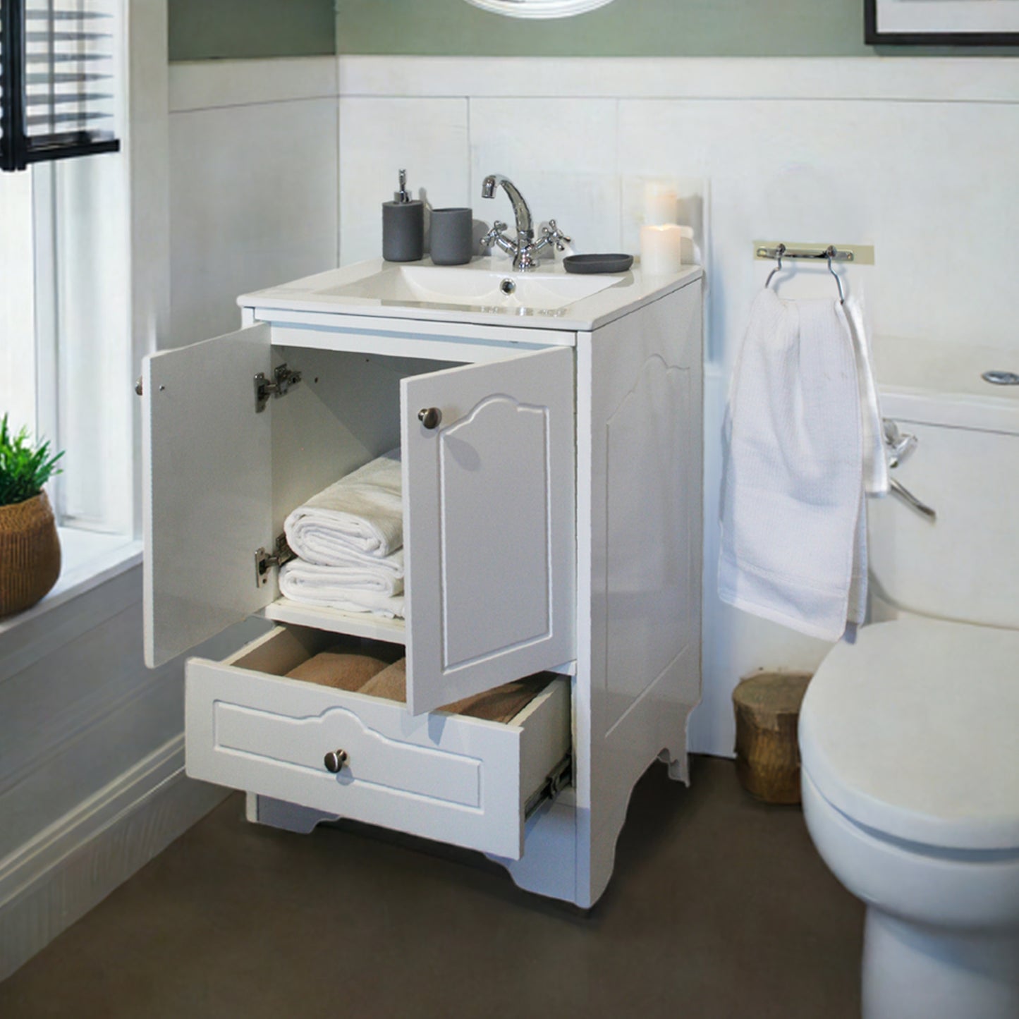 Victorian Bathroom Vanity Cabinet | Ceramic Basin | White